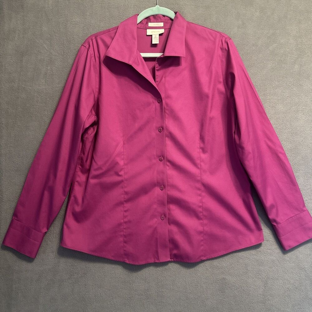 Chico's No-Iron Button Up Shirt‎ Size 2 US L Magenta 100% Cotton Office Career